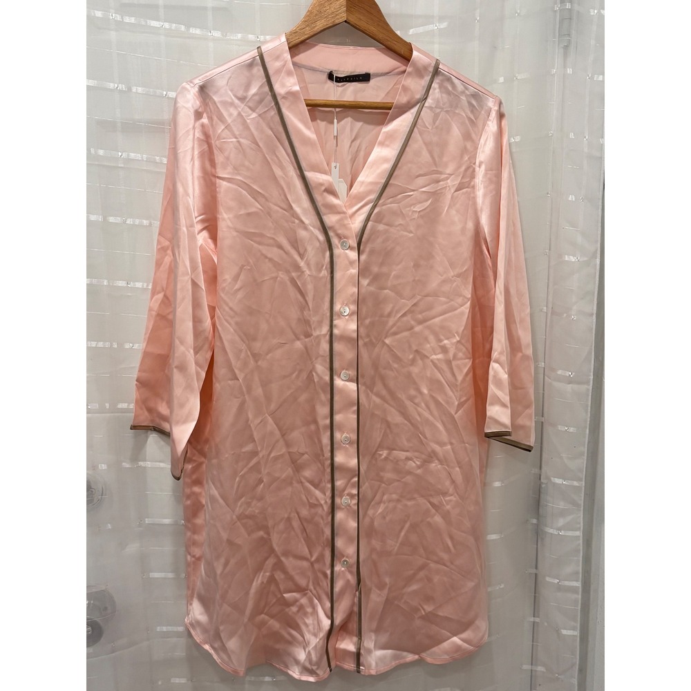 Elle Silk Pink Satin Nightshirt Button Front V-Neck Sleepwear Size L NWT